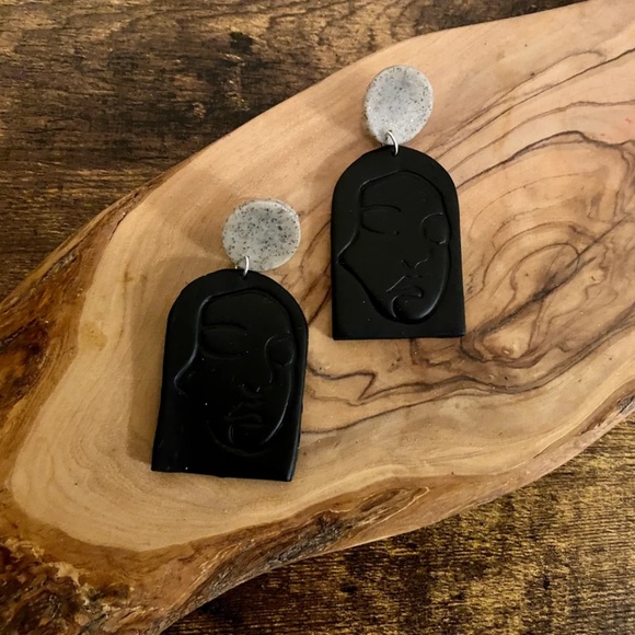 Handmade Clay Earrings | Face Outline Statue | Granite and Black | Push Backs - Picture 7 of 9